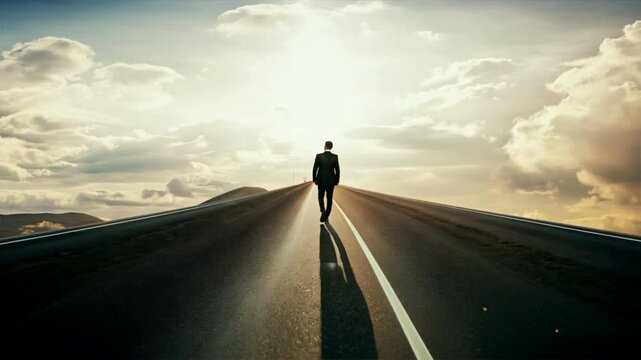 Businessman walking on highway road going up as an arrow in sky