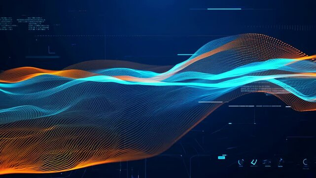 Abstract digital art featuring colorful wave patterns in blue and orange hues against a dark background
