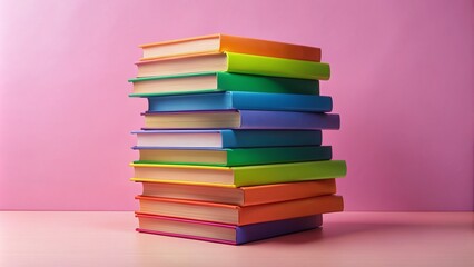 Vibrant multicolored books stacked on a soft pink background, symbolizing diversity, inclusivity, and creativity, representing LGBTQ+ community's spirit and pride.