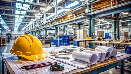 A cluttered worktable in a manufacturing facility features rolled blueprints, precision tools, and a hard hat, evoking a sense of industrial precision and attention to detail.