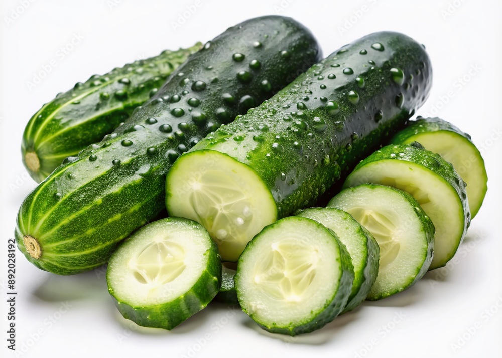 Sticker Vibrant fresh cucumbers arranged artfully with sliced pieces, glistening with dew-like droplets, isolated on seamless white background, perfect for healthy food magazine or commercial ads.