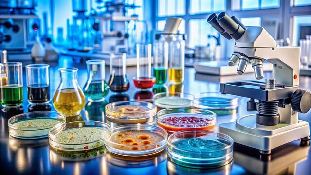 Microscopic view of petri dishes, reagents, and microlaboratory equipment in a clean and modern laboratory setting, focusing on bacteriological examination and research.