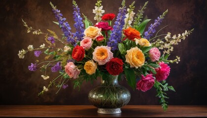 Fototapeta premium Colorful Bouquet of Flowers in a Vase on a Wooden Table.