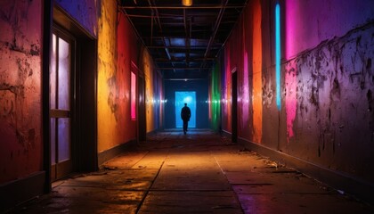 Silhouette of a Person Walking Through a Colorful and Abandoned Hallway.