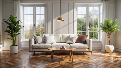 Sleek white sofa sits atop rich wooden parquet flooring in a serene, minimalist Scandinavian-inspired living room with abundant natural light and modern decor.