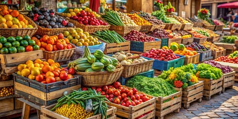 Fototapeta premium Colorful pyramids of fresh organic fruits and vegetables on wooden crates and baskets at a bustling street market on a warm sunny day.