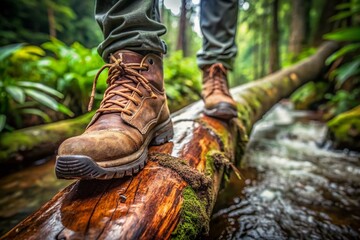 Muddy trekking shoes grip a wet log in a rainy jungle, symbolizing determination and perseverance in overcoming obstacles in a challenging adventure.