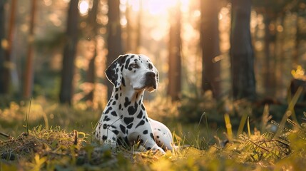 Energetic Dalmatian resting on grass in forest on sunny day