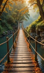 Fototapeta premium Wooden Bridge Through A Misty Forest.