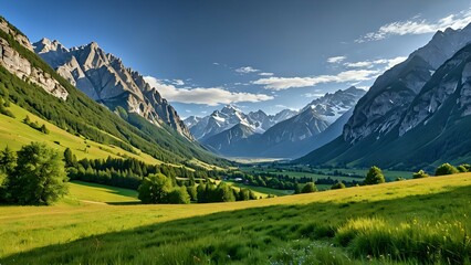 Fototapeta premium A serene landscape with majestic mountains in the background, overlooking a tranquil valley below