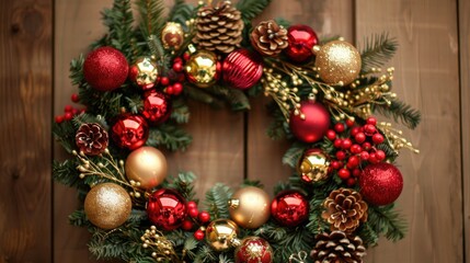 Holiday wreath adorned with ornaments serves as festive decor