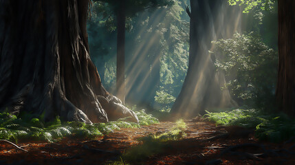 an ancient redwood forest, sunbeams, forest floor detail