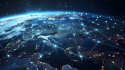 Communication technology with global internet network connected in Europe. Telecommunication and data transfer european connection links. IoT, finance, business, blockchain, security. 