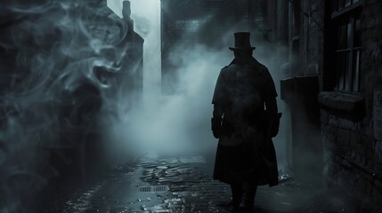 Silhouette of Man in Hat and Raincoat Standing in Dark Foggy Alley