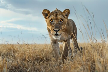 Naklejka premium A lioness hunts in the savannah. Professional wildlife photography.