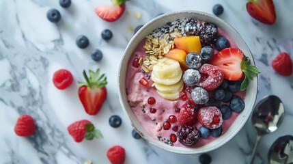 a colorful smoothie bowl, fruit toppings, marble background