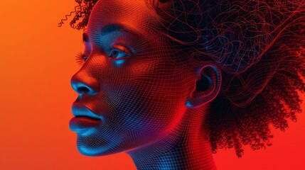 A vivid portrait of an African-American woman. Artificial intelligence and machine learning, connections to digital data networks, data transformation. Innovation