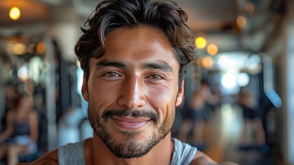 Obraz premium A handsome man wearing a grey tank top is smiling while taking a selfie in the gym.