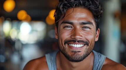 Obraz premium A handsome man wearing a grey tank top is smiling while taking a selfie in the gym.