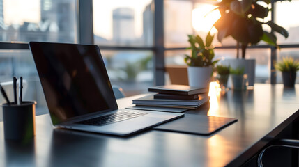 clean and modern office workspace with a laptop and notepad, soft natural light, 
