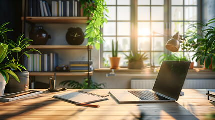 clean and modern office workspace with a laptop and notepad, soft natural light, 