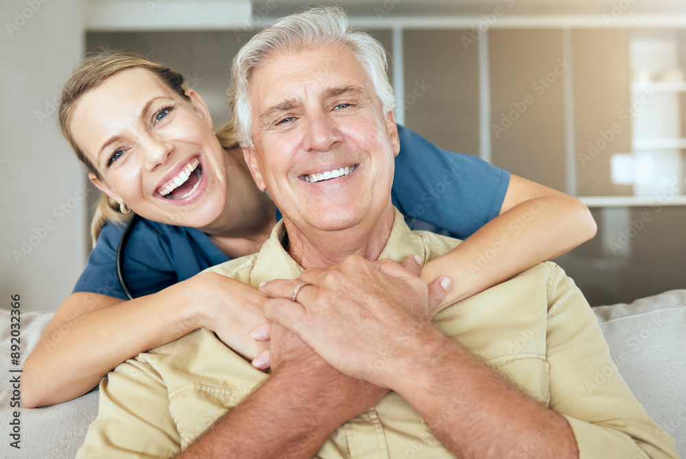 Sticker Hug, portrait or smile with nurse and old man on sofa in living room of retirement home for healthcare. Love, medical or relax with senior patient and woman caregiver embracing in apartment together