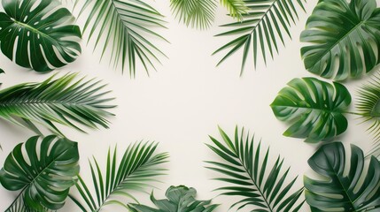 Top down view of palm leaves and Monstera on a plain white surface