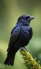 Obraz premium Black Bird on Green Branch.