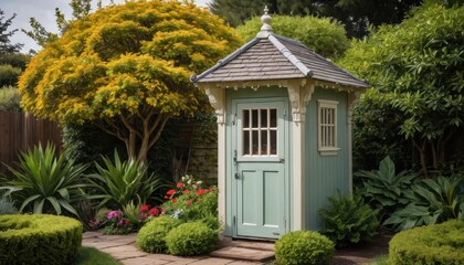 Fototapeta premium Charming Cottage Garden Shed with Green Door and Yellow Tree.