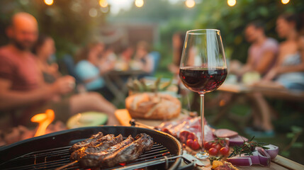 A vibrant scene of friends gathered around a BBQ grill, with a striking red wine glass elegantly positioned on the table, adding a touch of sophistication to the outdoor festivities