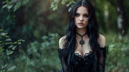 Beautiful mysterious priestess with a firm gaze in the green forest