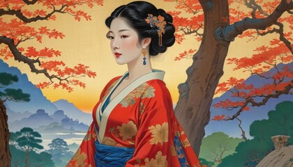 Asian woman in a red kimono, looking away.