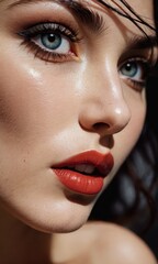 Closeup Of Woman's Face With Red Lipstick.