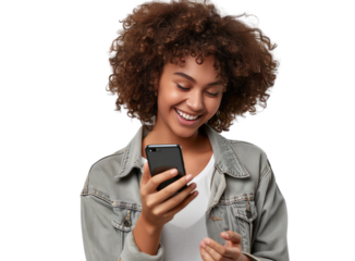 A portrait of a young African American black woman with curly hair looking at her mobile phone and smiling, isolated in a transparent background. Cut out or PNG.