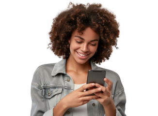 A portrait of a young African American black woman with curly hair looking at her mobile phone and smiling, isolated in a transparent background. Cut out or PNG.