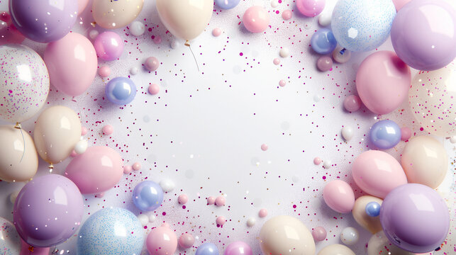Festive frame with pastel balloons and confetti on a white background