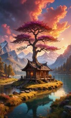 Fototapeta premium Tranquil Lake House in a Mountain Valley.