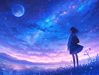 Obraz premium an anime girl standing in a field of flowers, looking up at the sky with a beautiful view of stars and clouds in the background.