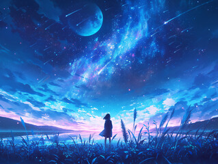 Obraz premium an anime girl standing in a field of flowers, looking up at the sky with a beautiful view of stars and clouds in the background.