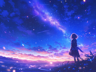 Fototapeta premium an anime girl standing in a field of flowers, looking up at the sky with a beautiful view of stars and clouds in the background.