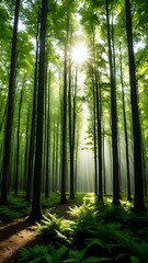 Fototapeta premium Sunlight streams through the canopy of a lush green forest, creating a magical atmosphere.