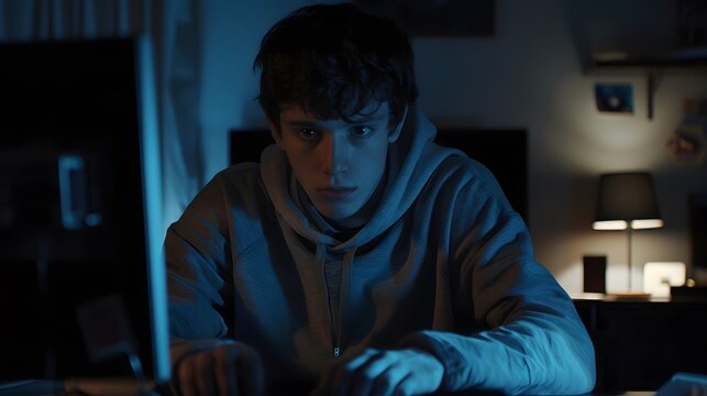 Internet network security concept with young man in the night.