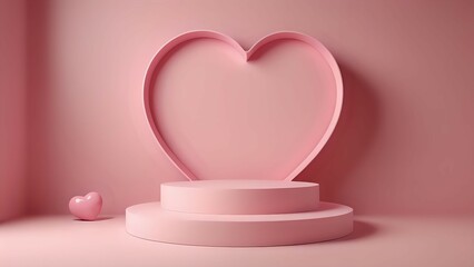 Pink heart-shaped archway with two pink podiums in front and a pink heart on the floor.