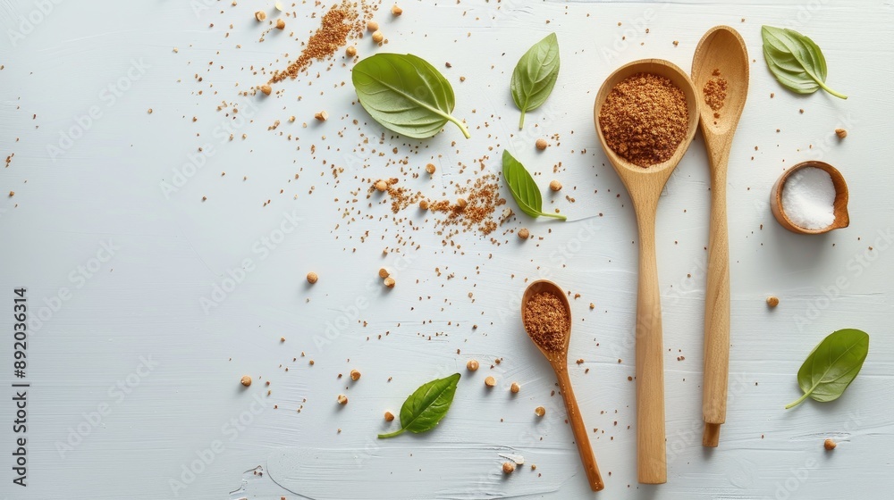 Wall mural Utensils with leaves and cookie crumbs on a white surface