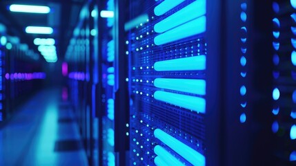 Macro photo of blue neon lit stacked blade servers in data center space for text