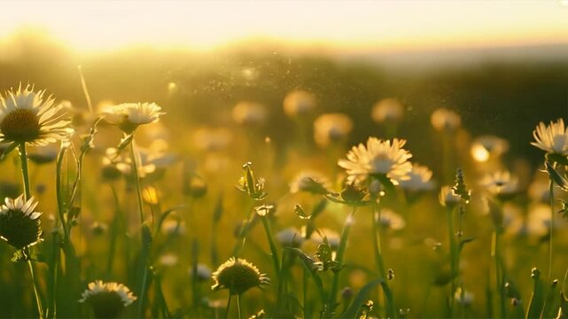 Beautiful summer natural background with yellow white flowers daisies, clovers and dandelions in grass against of dawn morning