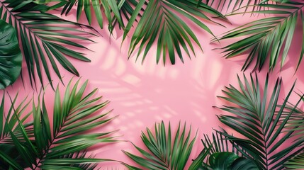 Tropical palm leaves on pink background for summer theme