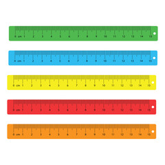Inch and metric plastic rulers in different colors. Centimeters and inches measurement scale. Measuring centimeter plastic tool. Vector illustration.