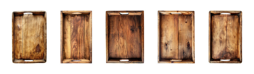 Naklejka premium Collection of wood serving tray, kitchen wooden tray isolated on a transparent background, top view, cut out, PNG