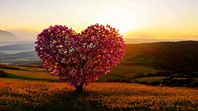 Tree of love in spring. pink heart shaped tree at sunset. Beautiful landscape with flowers.Love background with copy space.Valentine day card